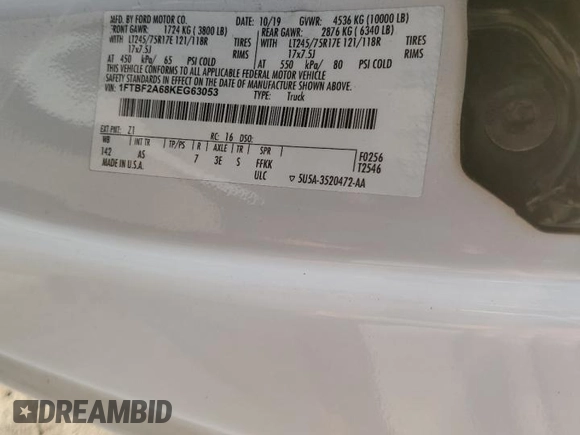 2019 Ford F-250 XL with VIN 1FTBF2A68KEG63053, listed as a Copart auction lot 61022255 with Not provided miles and Salvage title. Bid and sale history available at DreamBid. Image 12.
