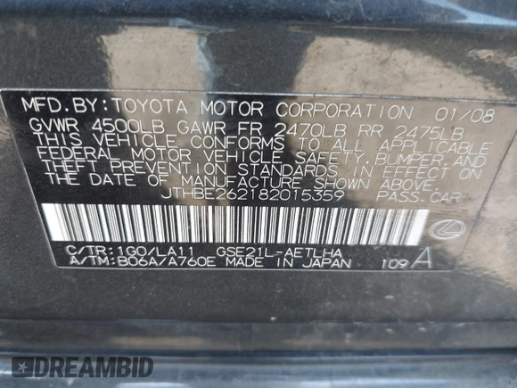 2008 Lexus IS 350 with VIN JTHBE262182015359, listed as a IAAI auction lot 42163653 with 202,764 mi miles and . Bid and sale history available at DreamBid. Image 9.