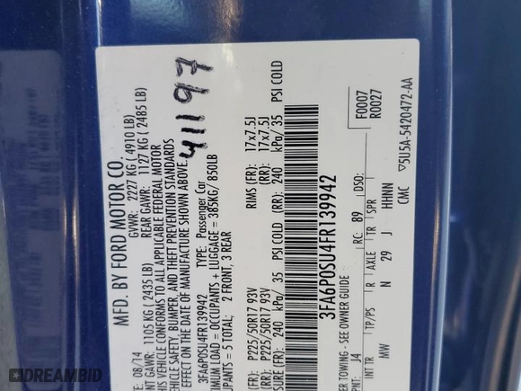 2015 Ford Fusion Energi Titanium with VIN 3FA6P0SU4FR139942, listed as a Copart auction lot 48350265 with 160,581 mi miles and Salvage Title. Bid and sale history available at carsss.com. Image 13.