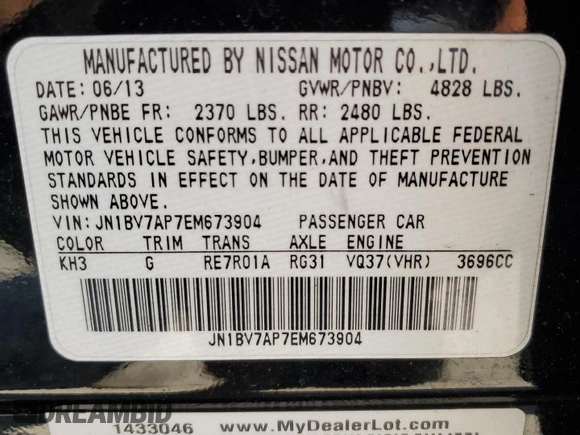2014 Infiniti Q50 Premium with VIN JN1BV7AP7EM673904, listed as a Copart auction lot 63665865 with 88,544 mi miles and Clean title. Bid and sale history available at DreamBid. Image 12.