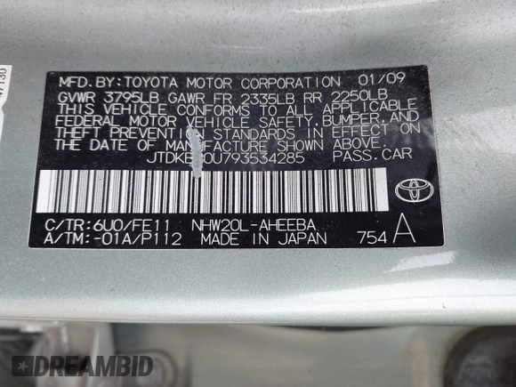 2009 Toyota Prius with VIN JTDKB20U793534285, listed as a IAAI auction lot 42176785 with 232,008 mi miles and . Bid and sale history available at DreamBid. Image 9.