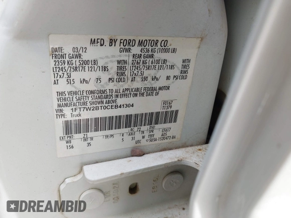2012 Ford F-250 XL with VIN 1FT7W2BT0CEB41304, listed as a IAAI auction lot 41912853 with 275,348 mi miles and . Bid and sale history available at DreamBid. Image 9.