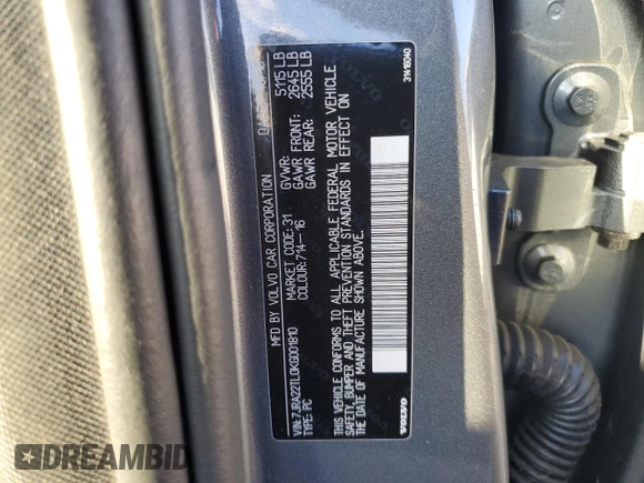 2019 Volvo S60 Inscription with VIN 7JRA22TL0KG001810, listed as a Copart auction lot 79165834 with 67,646 mi miles and Salvage Title. Bid and sale history available at carsss.com. Image 12.