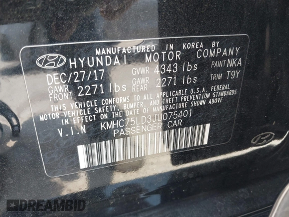 2018 Hyundai Ioniq Limited with VIN KMHC75LD3JU075401, listed as a IAAI auction lot 42397906 with 151,017 mi miles and . Bid and sale history available at DreamBid. Image 9.