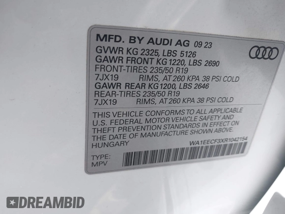 2024 Audi Q3 S line Premium Plus with VIN WA1EECF3XR1042154, listed as a IAAI auction lot 42552601 with 22,881 mi miles and . Bid and sale history available at DreamBid. Image 9.