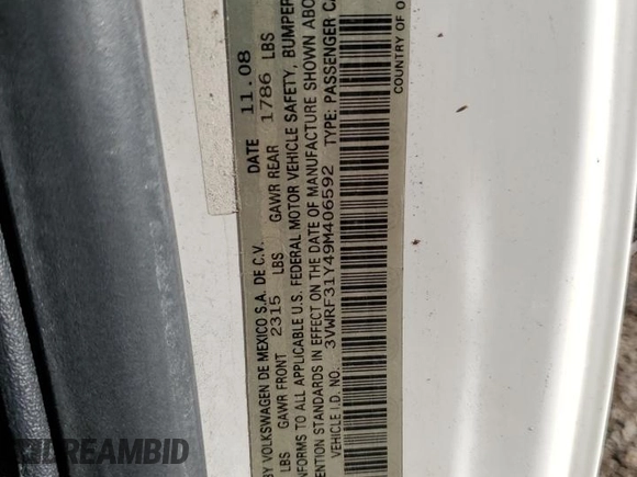 2009 Volkswagen Beetle S z VIN 3VWRF31Y49M406592, wystawiony jako Copart lot #43830595 z przebiegiem 60 889 mil mil oraz Szkoda całkowita • Salvage title. Historia ofert i sprzedaży dostępna na DreamBid. Obrazek 12.