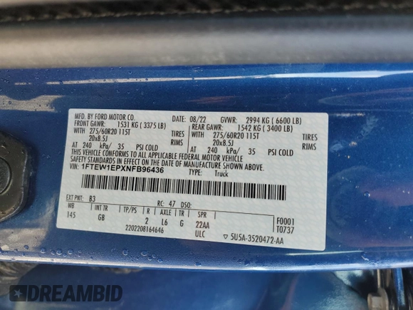 2022 Ford F-150 XL with VIN 1FTEW1EPXNFB96436, listed as a Copart auction lot 46792805 with Not provided miles and Salvage title. Bid and sale history available at DreamBid. Image 14.