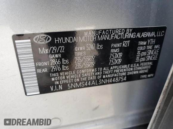 2022 Hyundai Santa Fe Limited with VIN 5NMS44AL3NH448754, listed as a Copart auction lot 87461164 with 47,134 mi miles and Salvage Title. Bid and sale history available at carsss.com. Image 14.