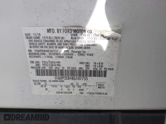 2019 Ford Taurus SEL with VIN 1FAHP2E84KG107755, listed as a IAAI auction lot 41786845 with Not Provided miles and . Bid and sale history available at DreamBid. Image 9.