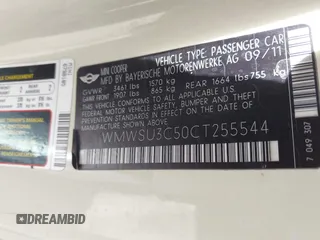 2012 MINI Hardtop с VIN WMWSU3C50CT255544, выставлен на аукционе IAAI как лот 42533243 с пробегом 102 422 миль миль и . История ставок и продаж доступна на DreamBid. Изображение 9.