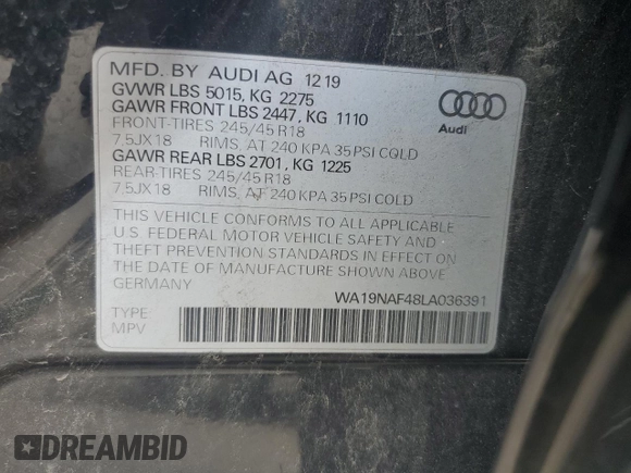 2020 Audi allroad A4 Prestige z VIN WA19NAF48LA036391, wystawiony jako Copart lot #57520403 z przebiegiem 41 777 mil mil oraz . Historia ofert i sprzedaży dostępna na DreamBid. Obrazek 12.