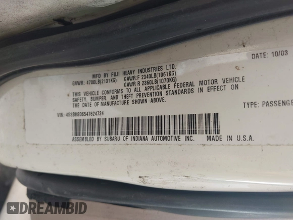 2004 Subaru Legacy Outback L.L. Bean с VIN 4S3BH806547624734, выставлен на аукционе IAAI как лот 42473321 с пробегом 212 697 миль миль и . История ставок и продаж доступна на DreamBid. Изображение 9.
