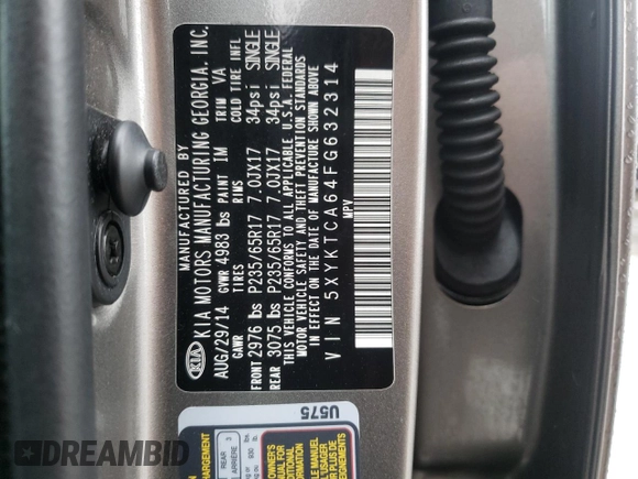 2015 Kia Sorento LX with VIN 5XYKTCA64FG632314, listed as a Copart auction lot 39826304 with 96,741 mi miles and Salvage title. Bid and sale history available at DreamBid. Image 13.