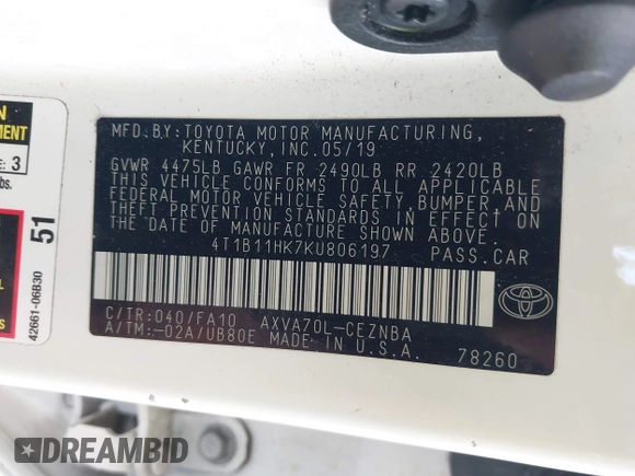 2019 Toyota Camry LE with VIN 4T1B11HK7KU806197, listed as a IAAI auction lot 41721148 with 83,373 mi miles and . Bid and sale history available at DreamBid. Image 9.