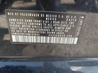 2019 Volkswagen Jetta SEL with VIN 3VWEB7BU7KM193642, listed as a IAAI auction lot 42718572 with 124,633 mi miles and . Bid and sale history available at DreamBid. Image 9.