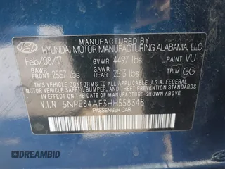2017 Hyundai Sonata Sport with VIN 5NPE34AF3HH558348, listed as a IAAI auction lot 41723289 with 99,829 mi miles and . Bid and sale history available at DreamBid. Image 9.