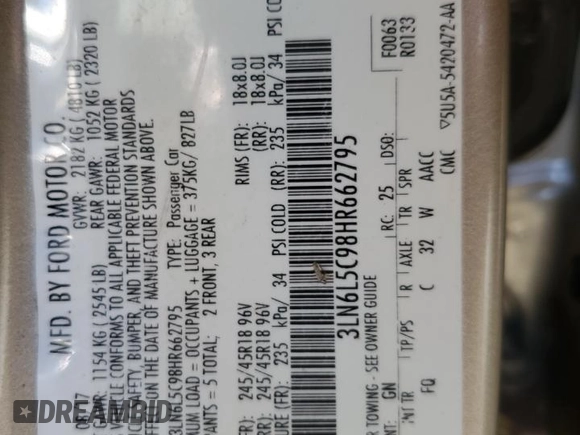 2017 Lincoln MKZ Select with VIN 3LN6L5C98HR662795, listed as a Copart auction lot 47888205 with 80,493 mi miles and Salvage Title. Bid and sale history available at carsss.com. Image 12.