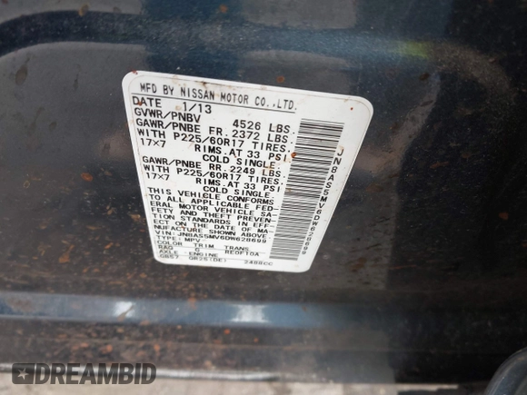 2013 Nissan Rogue S with VIN JN8AS5MV6DW628699, listed as a IAAI auction lot 42238159 with 239,632 mi miles and . Bid and sale history available at DreamBid. Image 9.