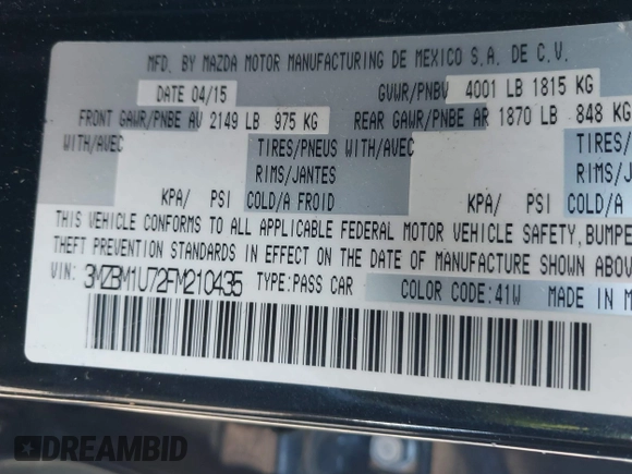 2015 Mazda 3 i Sport with VIN 3MZBM1U72FM210435, listed as a IAAI auction lot 41744470 with 148,624 mi miles. Bid and sale history available at carsss.com. Image 9.