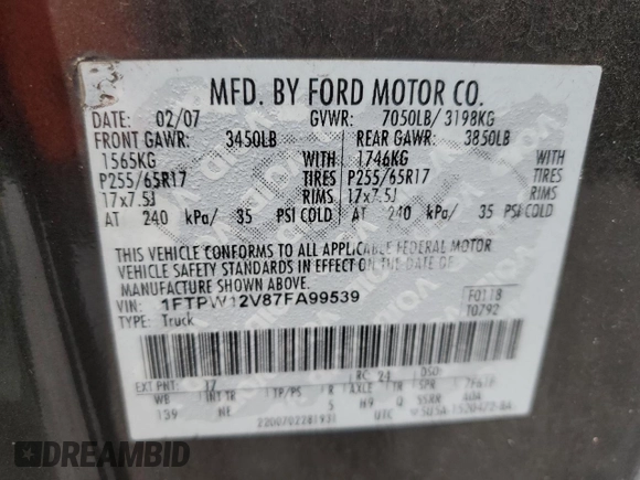2007 Ford F-150 XLT z VIN 1FTPW12V87FA99539, wystawiony jako Copart lot #62500525 z przebiegiem 210 412 mil mil oraz Szkoda całkowita • Salvage title. Historia ofert i sprzedaży dostępna na DreamBid. Obrazek 12.
