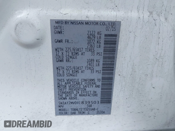 2015 Nissan Rogue SL with VIN 5N1AT2MV0FC839503, listed as a IAAI auction lot 41969452 with 113,415 mi miles and . Bid and sale history available at DreamBid. Image 9.