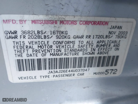 2004 Mitsubishi Lancer ES with VIN JA3AJ26E44U037047, listed as a IAAI auction lot 41545446 with 176,895 mi miles. Bid and sale history available at carsss.com. Image 9.