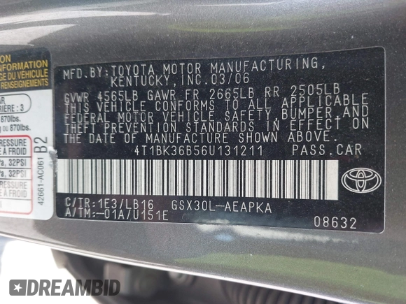2006 Toyota Avalon XL with VIN 4T1BK36B56U131211, listed as a IAAI auction lot 42069278 with 186,222 mi miles and . Bid and sale history available at carsss.com. Image 9.