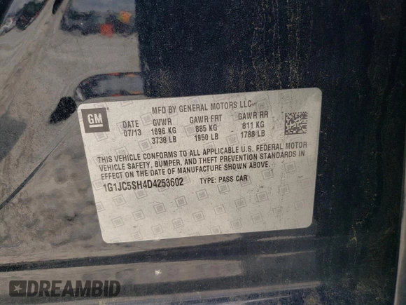 2013 Chevrolet Sonic LT with VIN 1G1JC5SH4D4253602, listed as a Copart auction lot 55727875 with 155,217 mi miles and Clean Title. Bid and sale history available at DreamBid. Image 12.