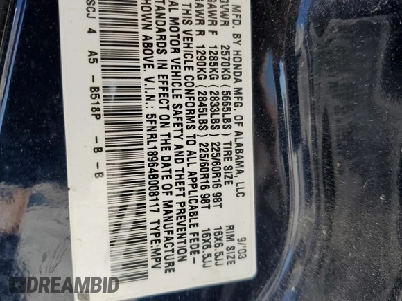 2004 Honda Odyssey EX-L with VIN 5FNRL18964B008117, listed as a Copart auction lot 46295495 with Not Provided miles and Salvage Title. Bid and sale history available at DreamBid. Image 15.