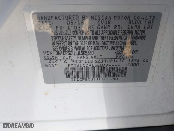 2018 Nissan Kicks SV with VIN 3N1CP5CU1JL505380, listed as a IAAI auction lot 40267581 with 80,705 mi miles. Bid and sale history available at carsss.com. Image 9.