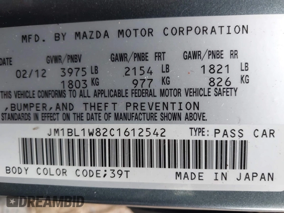2012 Mazda 3 i Grand Touring with VIN JM1BL1W82C1612542, listed as a IAAI auction lot 41474870 with 28,434 mi miles and . Bid and sale history available at DreamBid. Image 9.