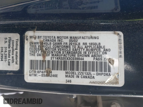 2003 Toyota Matrix Std with VIN 2T1KR32EX3C039844, listed as a IAAI auction lot 41399001 with 115,111 mi miles and . Bid and sale history available at DreamBid. Image 9.