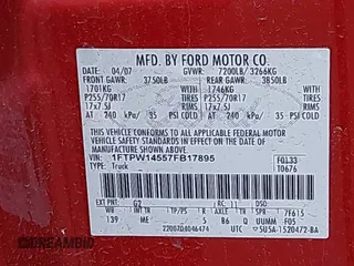 2007 Ford F-150 XLT with VIN 1FTPW14557FB17895, listed as a IAAI auction lot 42372129 with Not provided miles and . Bid and sale history available at DreamBid. Image 9.