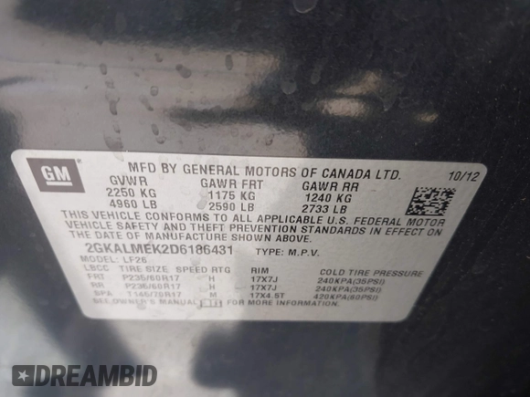 2013 GMC Terrain SLE with VIN 2GKALMEK2D6186431, listed as a IAAI auction lot 41934288 with 155,440 mi miles. Bid and sale history available at carsss.com. Image 9.