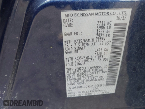 2018 Nissan Pathfinder SV z VIN 5N1DR2MM1JC621095, wystawiony jako IAAI lot #42371403 z przebiegiem 130 925 mil mil oraz . Historia ofert i sprzedaży dostępna na DreamBid. Obrazek 9.