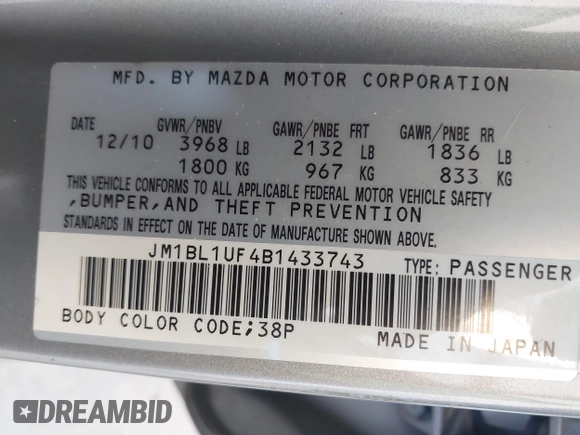 2011 Mazda Mazda3 i Sport with VIN JM1BL1UF4B1433743, listed as a IAAI auction lot 42021606 with 116,288 mi miles. Bid and sale history available at carsss.com. Image 9.
