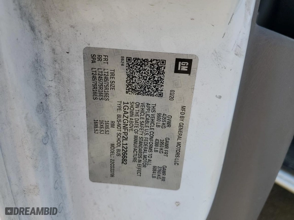 2020 Chevrolet Express Passenger LS with VIN 1GAZGNFP2L1226682, listed as a Copart auction lot 64005154 with 0 mi miles and Salvage Title. Bid and sale history available at carsss.com. Image 14.