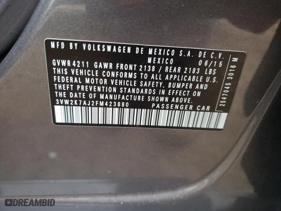 2015 Volkswagen Jetta Sedan 2.0L S with VIN 3VW2K7AJ2FM423880, listed as a Copart auction lot 52512305 with 76,264 mi miles and Salvage Title. Bid and sale history available at carsss.com. Image 12.