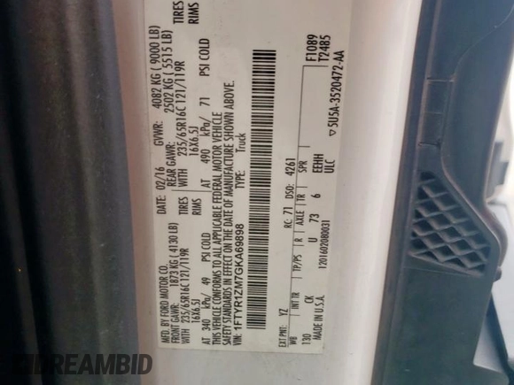 2016 Ford Transit Cargo with VIN 1FTYR1ZM7GKA69898, listed as a Copart auction lot 63637575 with 213,230 mi miles and Salvage title. Bid and sale history available at DreamBid. Image 13.
