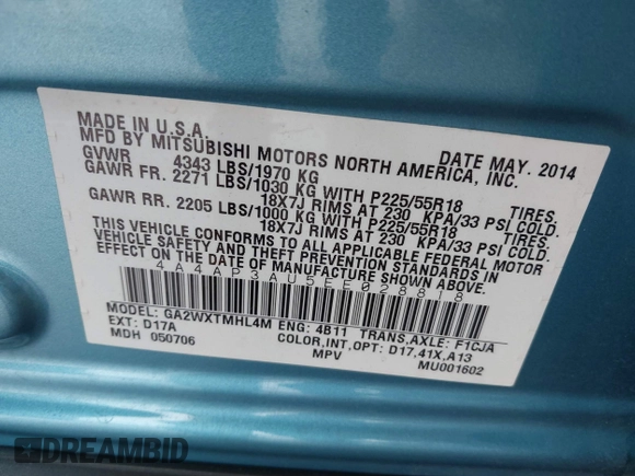 2014 Mitsubishi Outlander Sport ES with VIN 4A4AP3AU5EE028818, listed as a IAAI auction lot 41465951 with 119,577 mi miles. Bid and sale history available at carsss.com. Image 9.