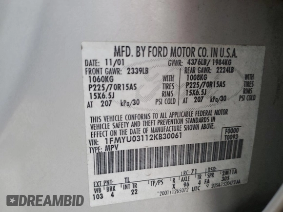 2002 Ford Escape XLT Choice с VIN 1FMYU03112KB30061, выставлен на аукционе Copart как лот 53195125 с пробегом 177 920 миль миль и Списание • Salvage title. История ставок и продаж доступна на DreamBid. Изображение 15.
