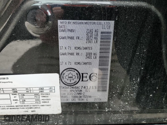 2019 Nissan Rogue SL with VIN 5N1AT2MV6KC741215, listed as a Copart auction lot 47249995 with 45,424 mi miles and Salvage Title. Bid and sale history available at carsss.com. Image 13.