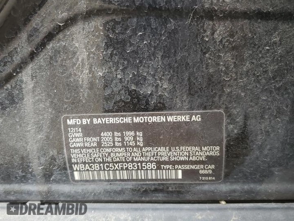 2015 BMW 3 Series 320i with VIN WBA3B1C5XFP831586, listed as a Copart auction lot 54100965 with 0 mi miles and Clean Title. Bid and sale history available at carsss.com. Image 12.