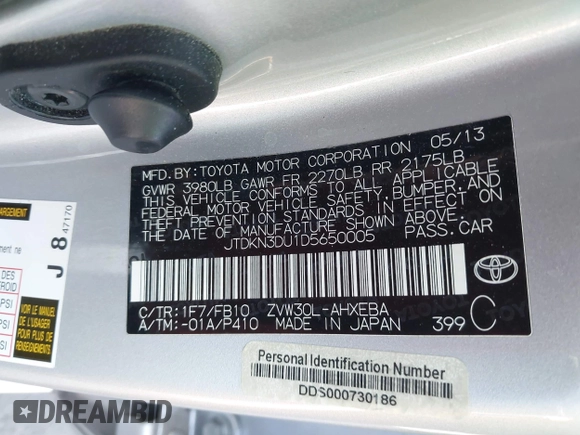 2013 Toyota Prius One with VIN JTDKN3DU1D5650005, listed as a IAAI auction lot 42040252 with 88,286 mi miles. Bid and sale history available at carsss.com. Image 9.
