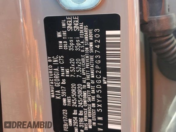 2023 Kia Telluride SX Prestige с VIN 5XYP5DGC2PG374203, выставлен на аукционе Copart как лот 58566825 с пробегом 60 658 миль миль и Списание • Salvage title. История ставок и продаж доступна на DreamBid. Изображение 14.