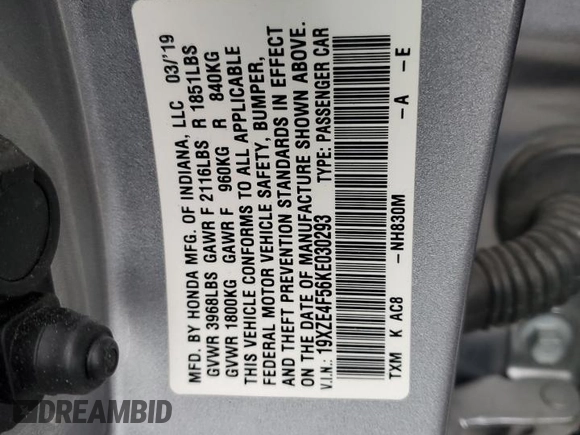 2019 Honda Insight EX with VIN 19XZE4F56KE030293, listed as a Copart auction lot 53173455 with 196,656 mi miles and Salvage Title. Bid and sale history available at carsss.com. Image 12.
