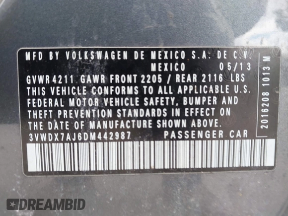 2013 Volkswagen Jetta SE with VIN 3VWDX7AJ6DM442987, listed as a IAAI auction lot 42240855 with 150,540 mi miles and . Bid and sale history available at DreamBid. Image 9.