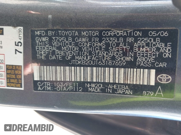 2006 Toyota Prius with VIN JTDKB20U163187659, listed as a IAAI auction lot 42120051 with Not Provided miles. Bid and sale history available at carsss.com. Image 9.