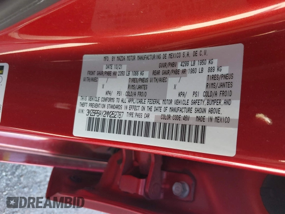 2021 Mazda 3 2.5 Turbo с VIN 3MZBPBAY2MM252787, выставлен на аукционе IAAI как лот 41861263 с пробегом 38 670 миль миль и . История ставок и продаж доступна на DreamBid. Изображение 9.