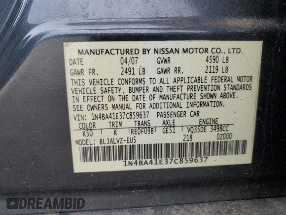 2007 Nissan Maxima SE z VIN 1N4BA41E37C859637, wystawiony jako Copart lot #62804085 z przebiegiem 204 433 mil mil oraz Szkoda całkowita • Salvage title. Historia ofert i sprzedaży dostępna na DreamBid. Obrazek 13.